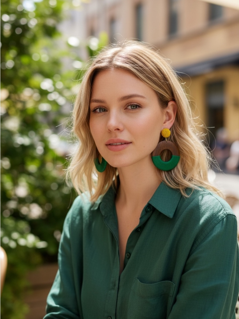 Green Wrapped Wooden Hoop Earrings with Yellow Beaded Studs
